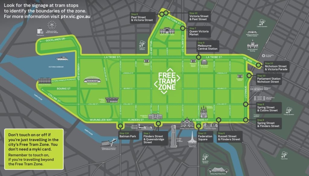 Free Tram Zone Melbourne map showing CBD boundaries and tram routes Docklands