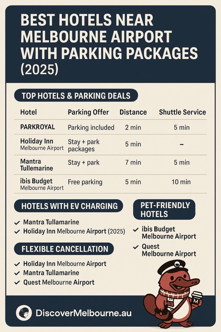 Infographic listing best hotels near Melbourne Airport with parking packages, EV charging, pet-friendly, and flexible cancellation options for 2025