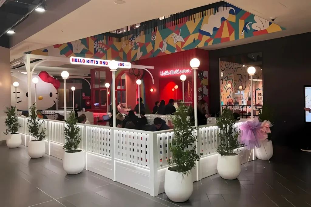 Hello Kitty and Friends Café Melbourne interior with themed seating and pastel décor