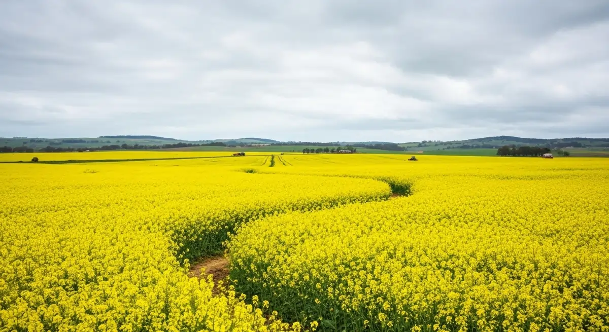 Canola blooming from early yellow buds to full fluorescent flowers