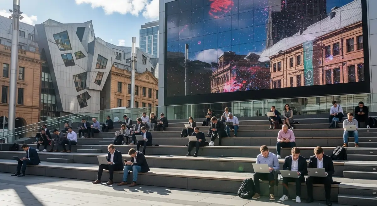 Visitors using free Wi-Fi at Federation Square in Melbourne CBD