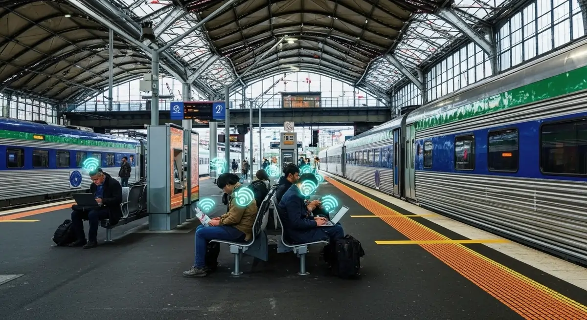 Travellers using free Wi-Fi at Southern Cross Station in Melbourne