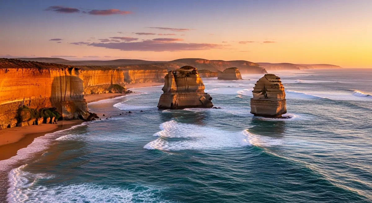 Twelve Apostles limestone stacks at sunset on the Great Ocean Road