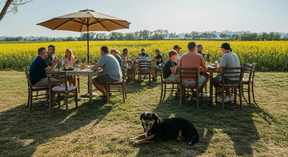 families enjoying picnic lunch with canola fields in background