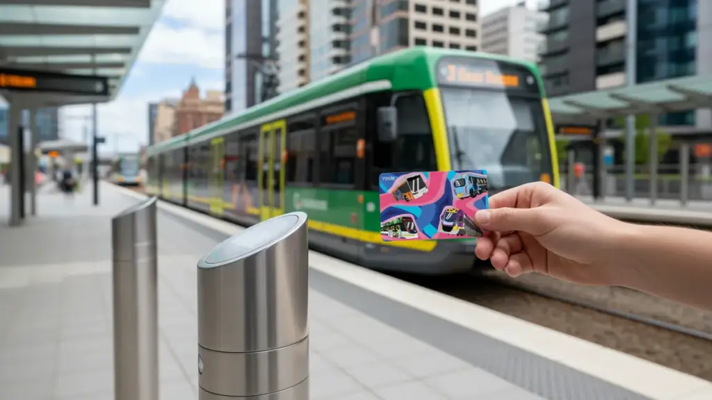 Youth myki card held near a myki reader at a Melbourne tram stop, representing free public transport for under 18s across Victoria from 1 January 2026